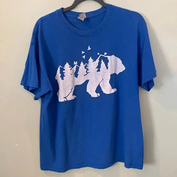 Gildan Heavy Cotton Forest Bear T-Shirt Short Sleeve Blue Men’s Large - Picture 1 of 4
